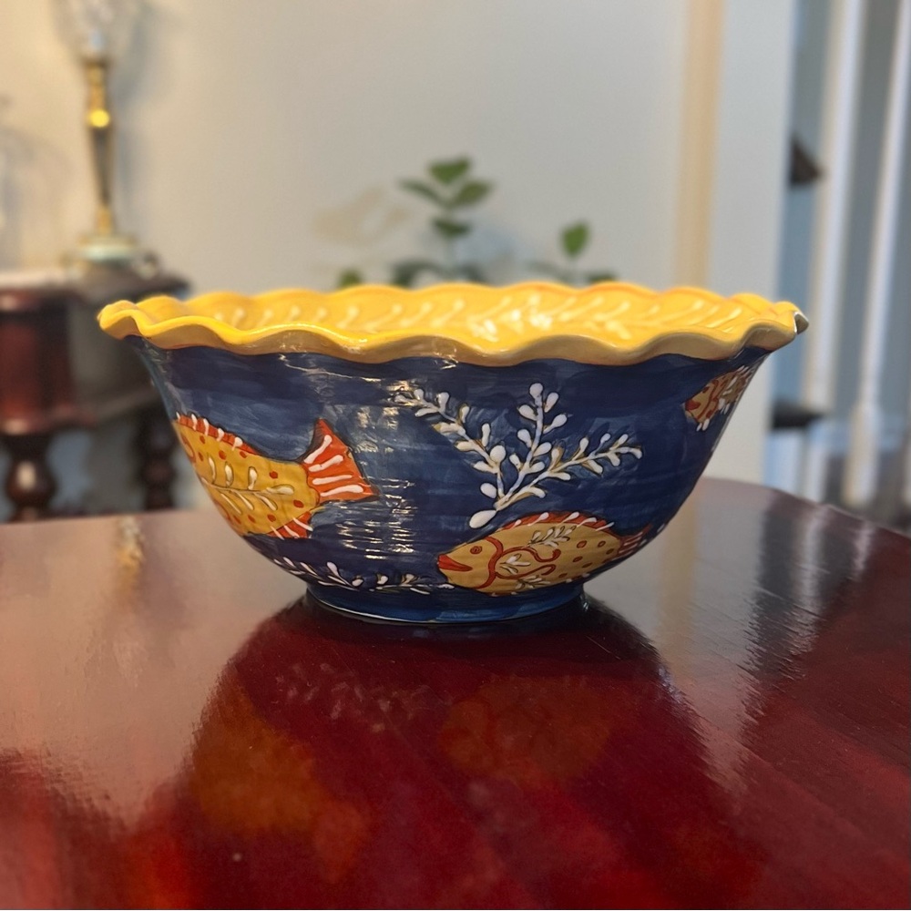 Maxcera Mediterranean Large Serving Bowl Fish Nautical Ruffle Edge Hand Painted